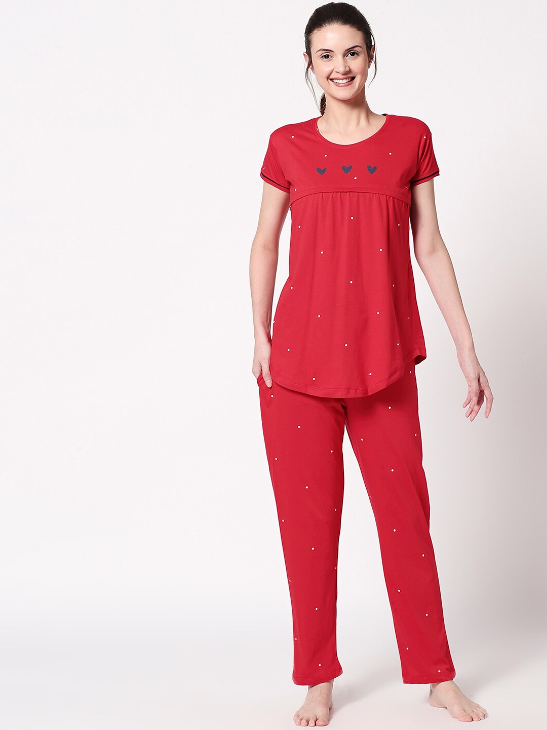

Zeyo Women Red Printed Maternity & Feeding Night Suit