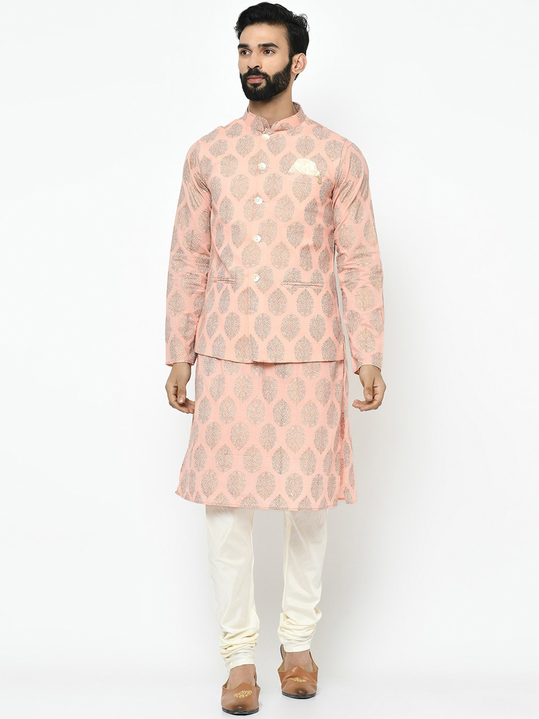 

KISAH Men Pink & White Floral Printed Kurta with Churidar & Nehru Jacket