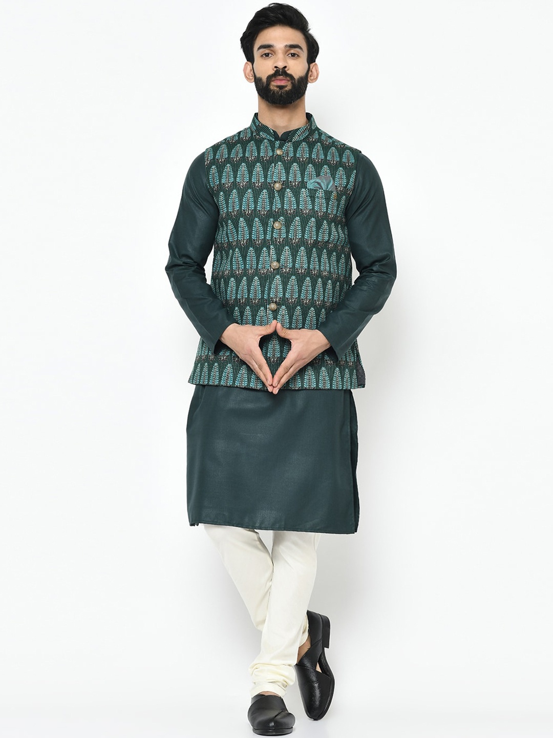 

KISAH Men Green & White Solid Kurta with Churidar & Nehru Jacket