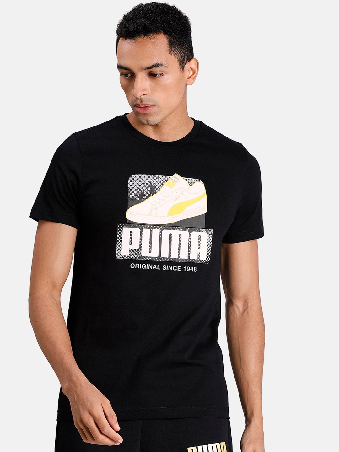 

Puma Men Black & White Printed Round Neck Sneaker Graphic Tee