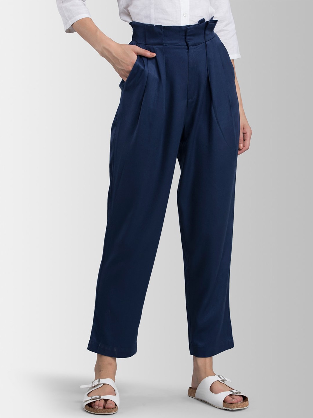 

FableStreet Women Navy Blue Loose Fit Solid Peg Trousers