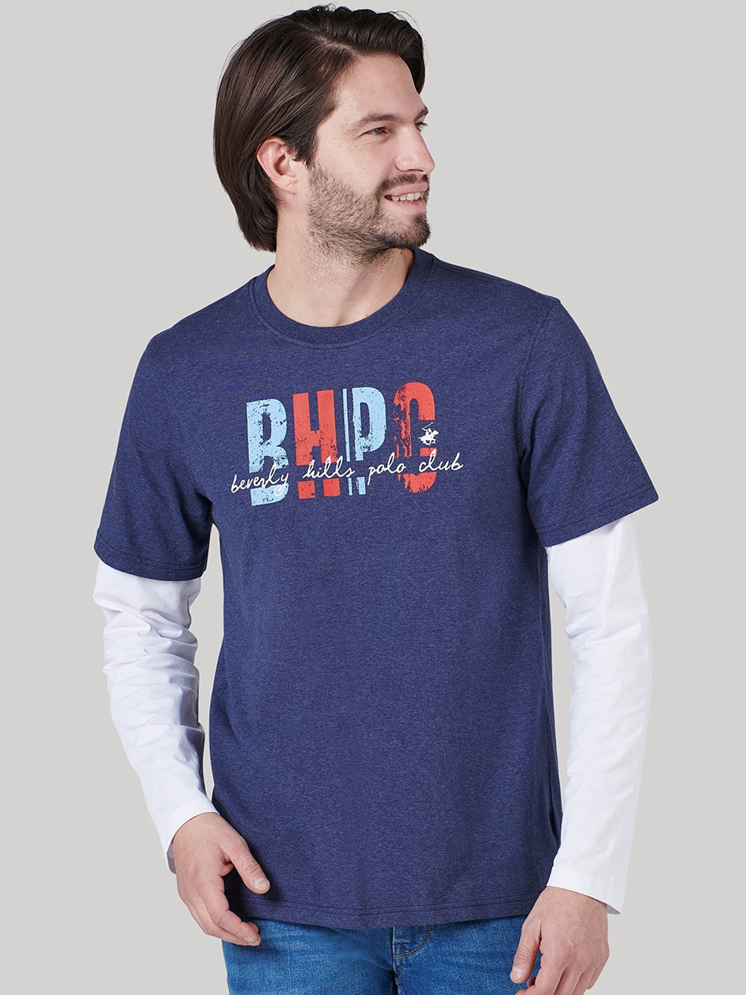 Beverly Hills Polo Club Men Navy Blue Printed Round Neck T-shirt