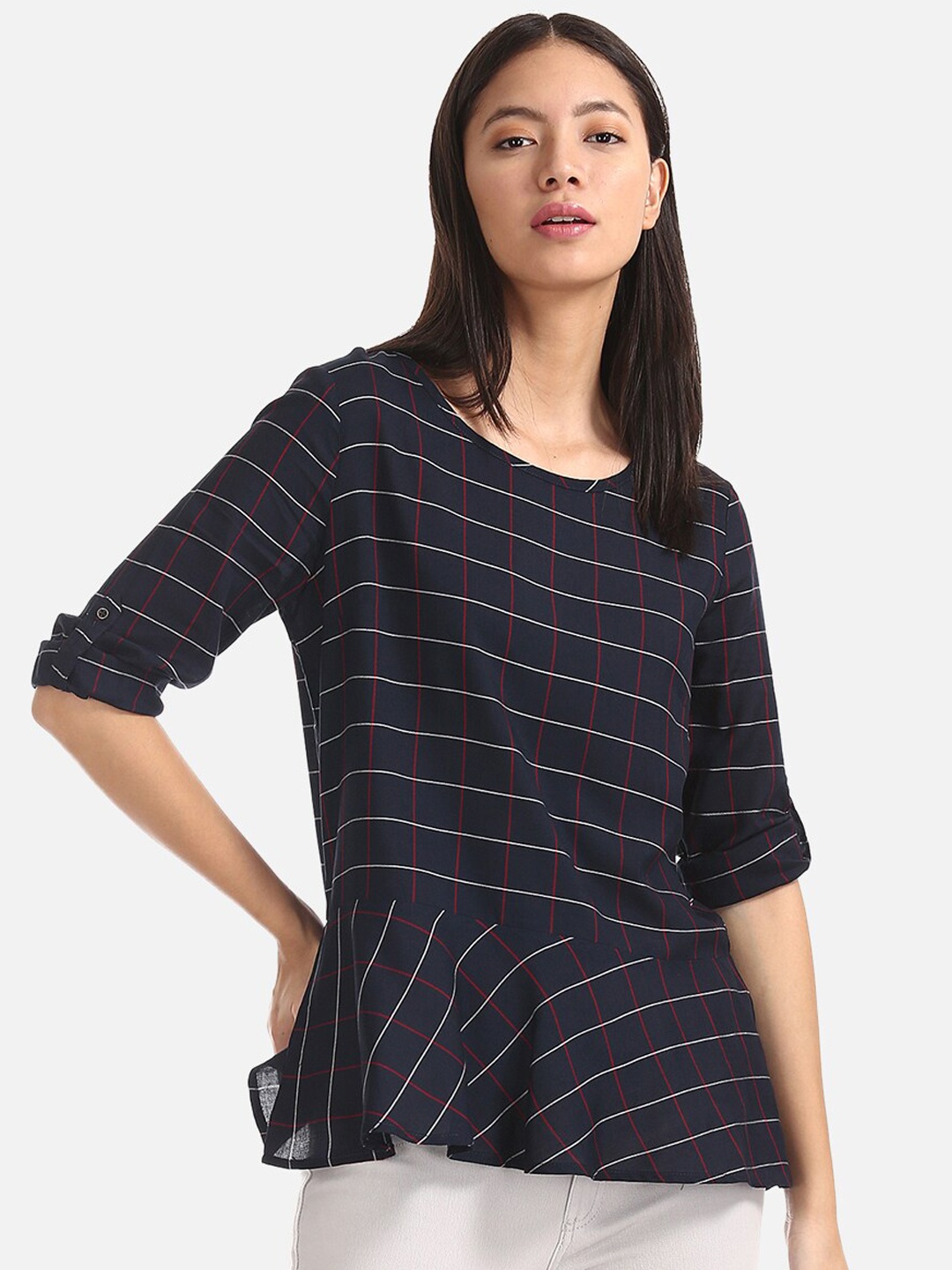

Cherokee Women Blue Checked Peplum Top