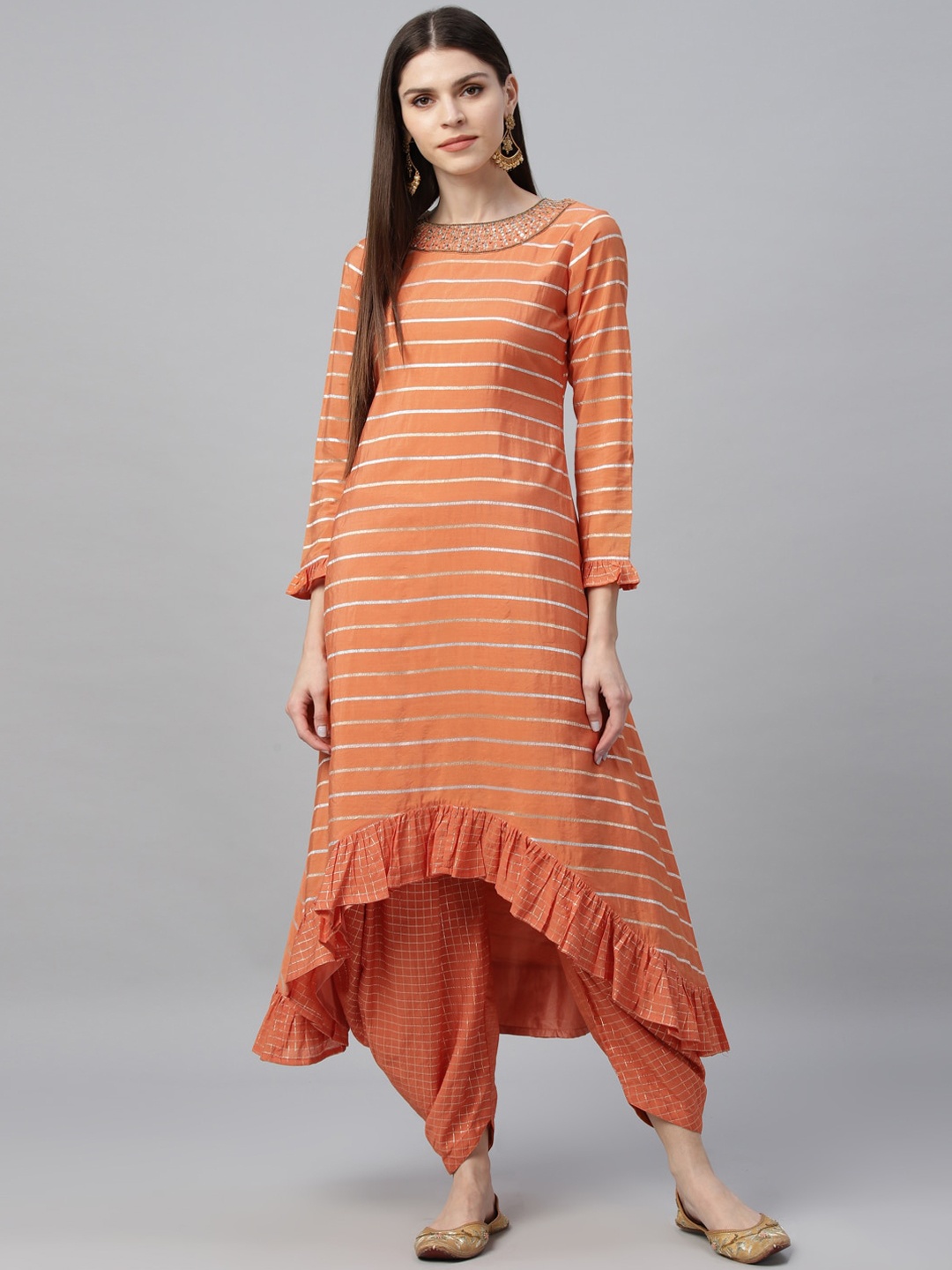 

Libas Women Orange & Golden Striped Kurta with Checked Dhoti Pants