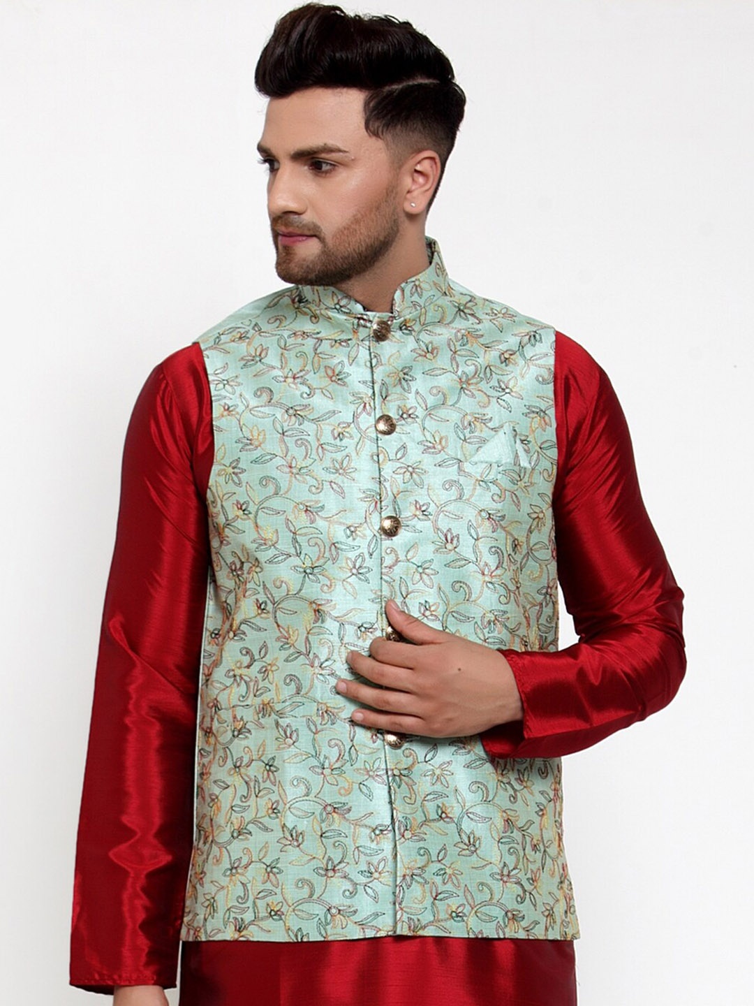 

Jompers Men Blue Embroidered Nehru Jacket