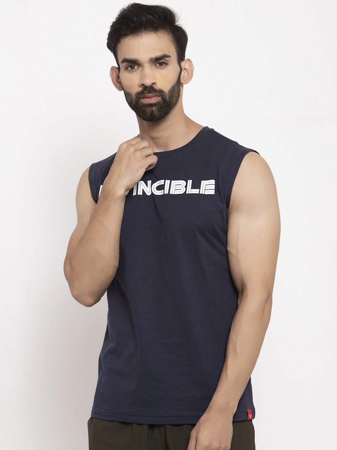 

Invincible Men Navy Blue Printed Round Neck Pure Cotton T-shirt