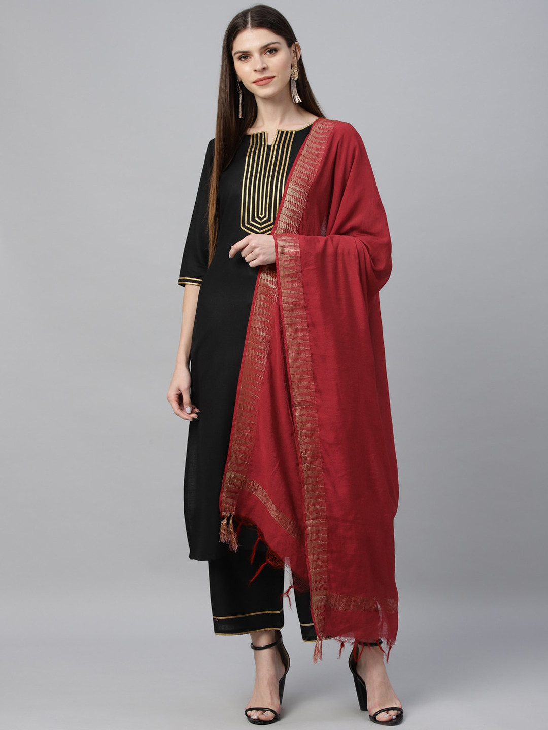 

Libas Women Black Embroidered Regular Gotta Patti Pure Cotton Kurta with Palazzos & With Dupatta