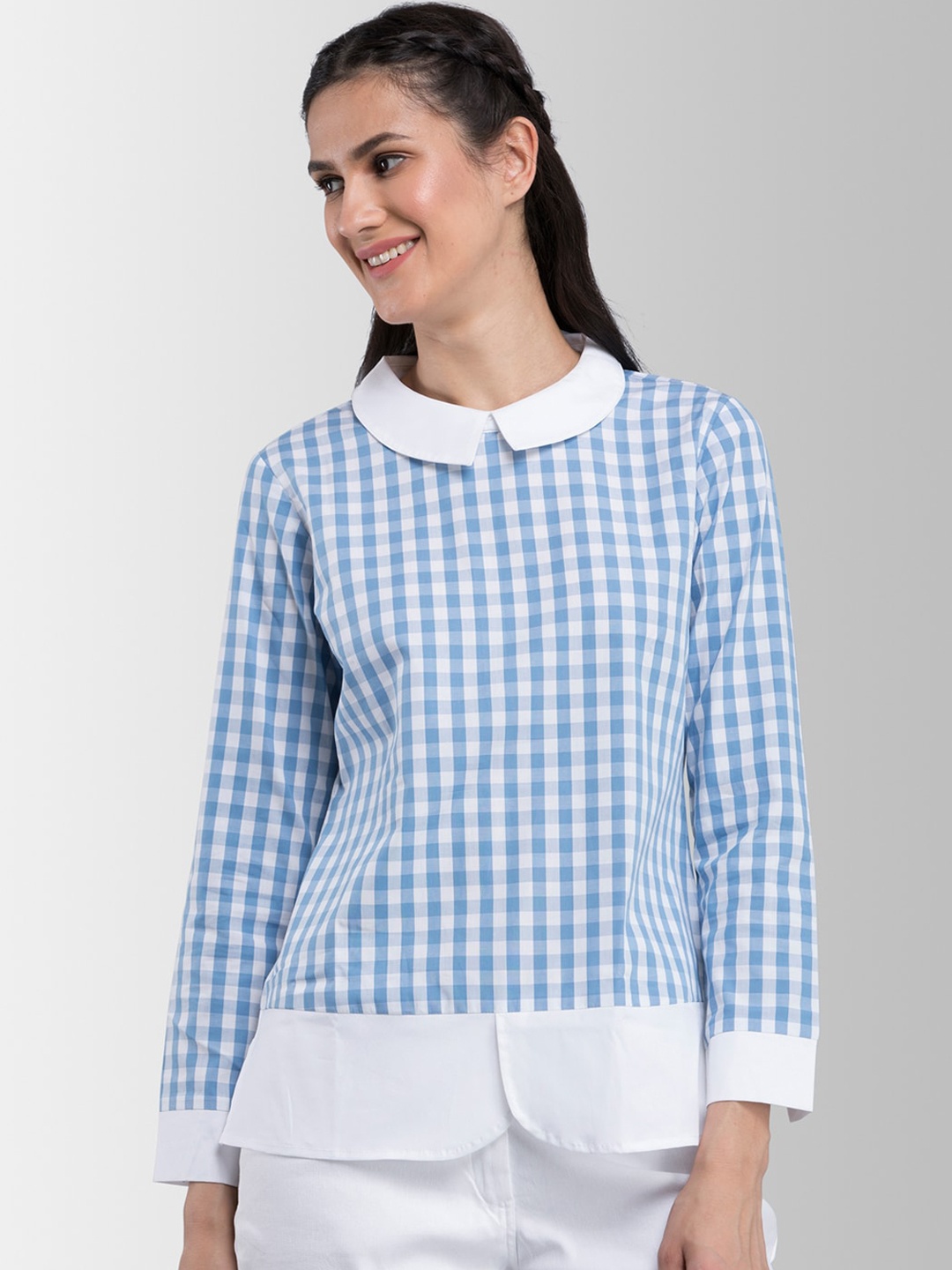 

FableStreet Women White & Blue Checked Shirt Style Pure Cotton Top