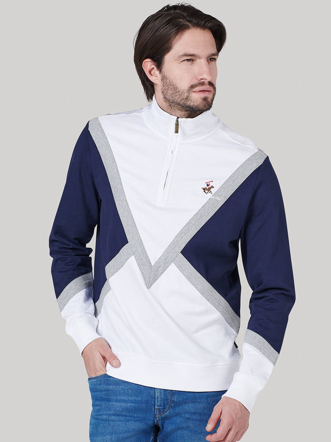 

Beverly Hills Polo Club Men Navy Blue & White Colourblocked Sweatshirt