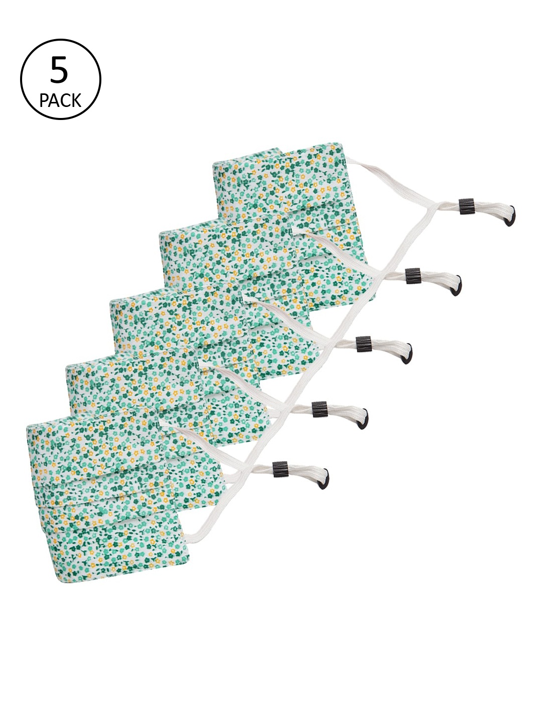 

Secret Wish Unisex Pack Of 5 White & Green Floral Printed 3-Ply Cloth Mask