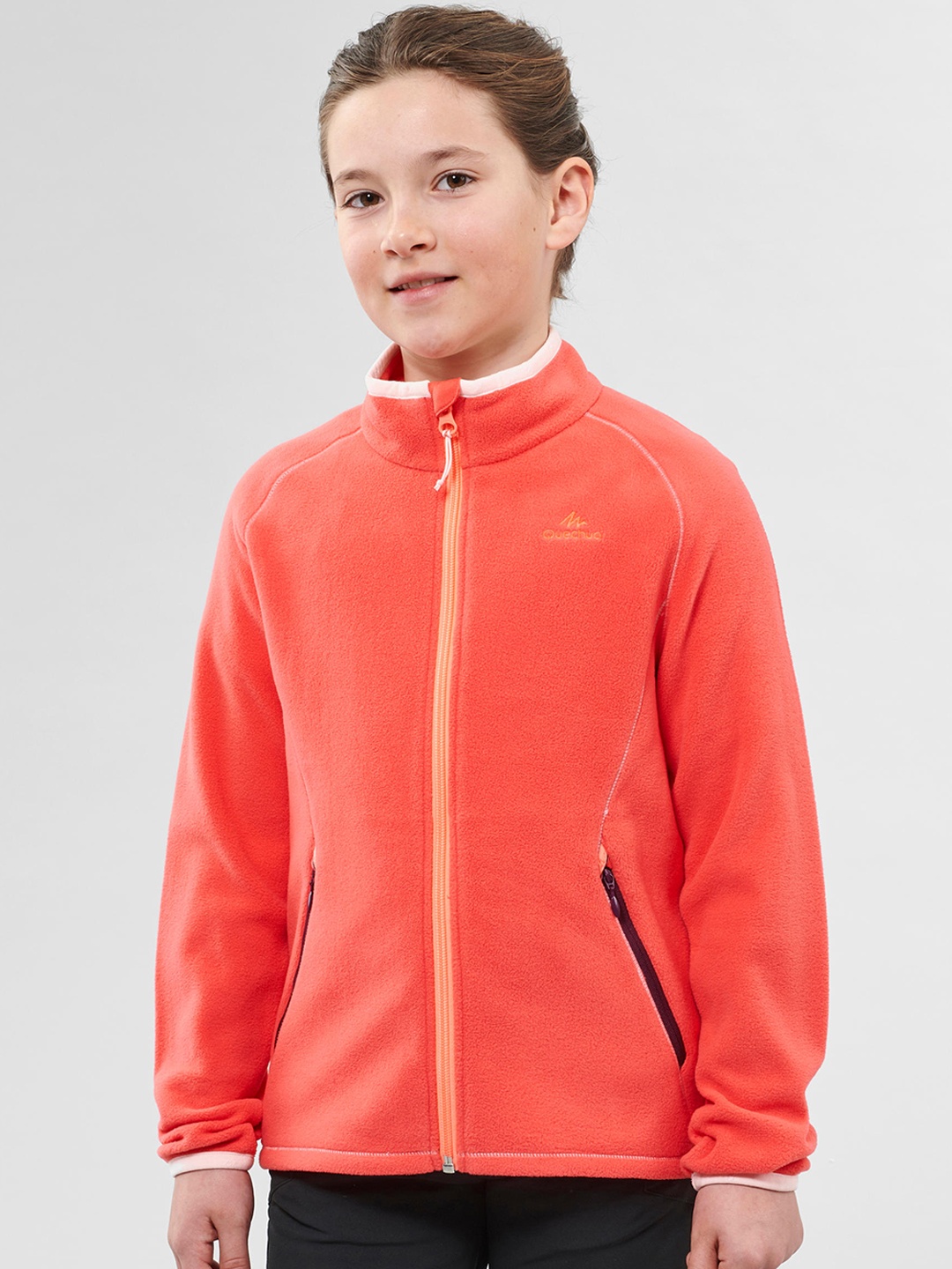 Quechua By Decathlon Kids Coral-Coloured Solid Insulator Open Front Jacket