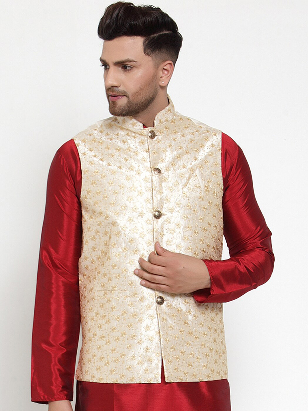

Jompers Men Cream & Gold-Coloured Embellished Nehru Jacket