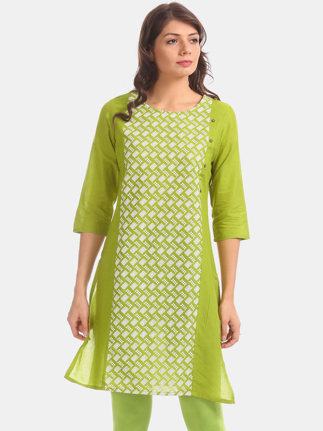 

Karigari Women Green & White Woven Design Straight Kurta