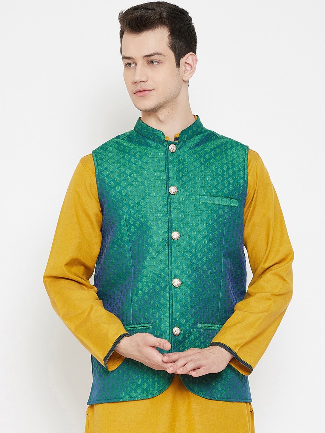 

even Men Green Jacquard Woven Nehru Jacket