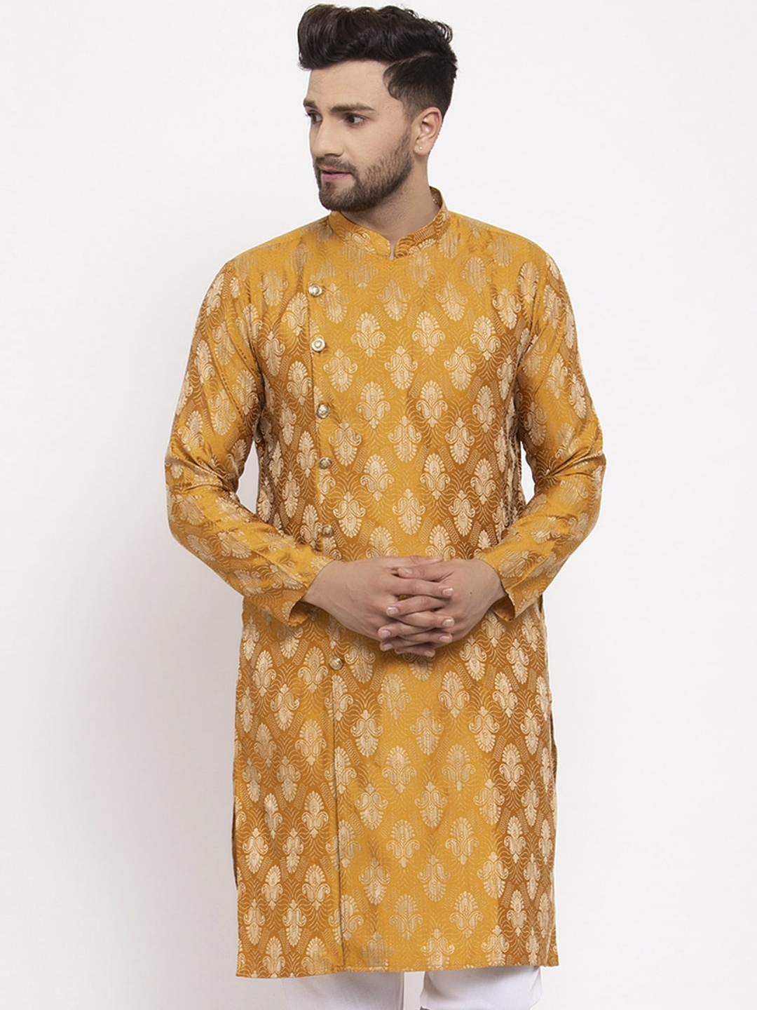 

Jompers Men Gold-Coloured Woven Design Straight Kurta