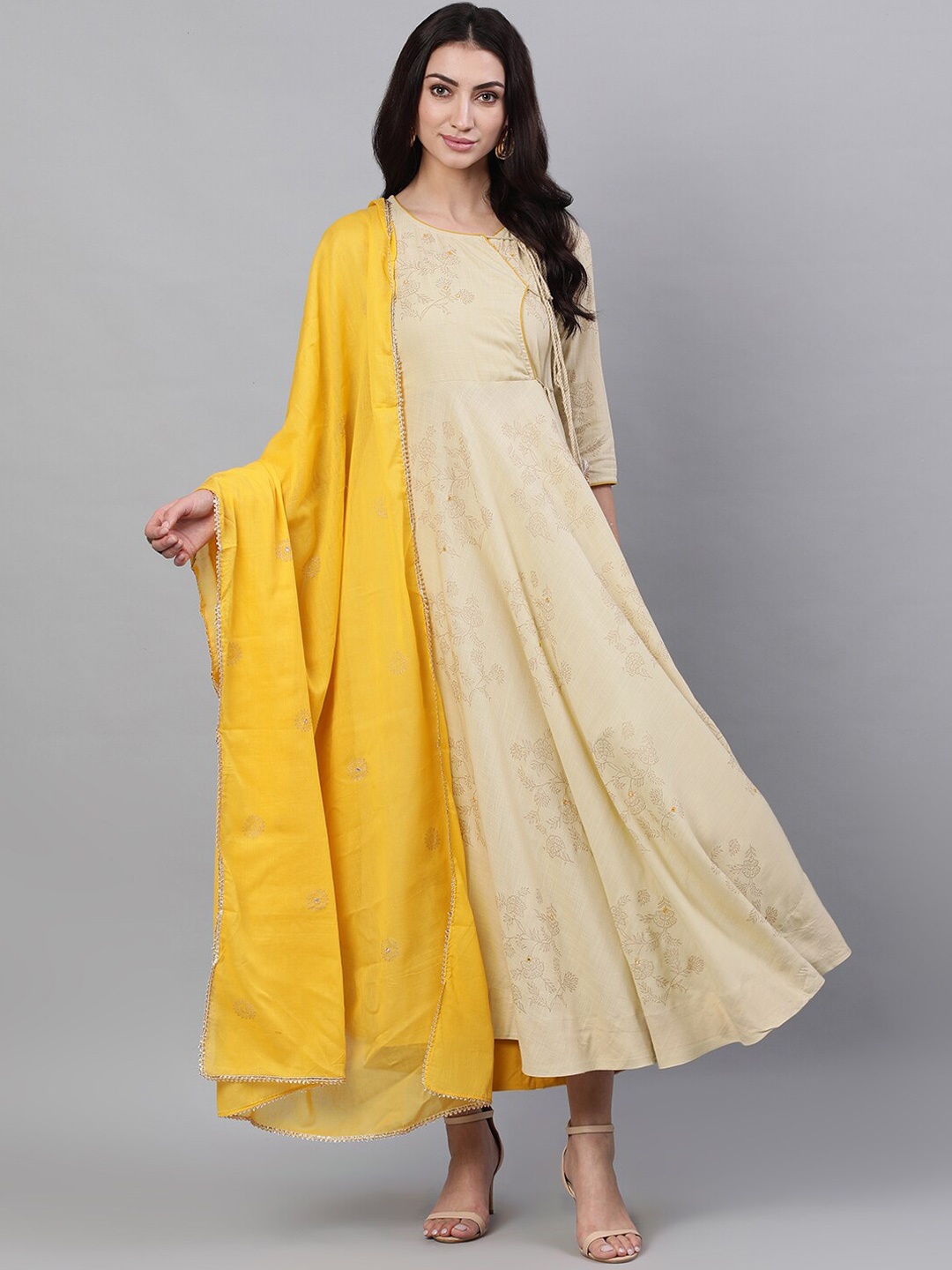 

Nayo Women Beige Printed Maxi Dress With Yellow Dupatta