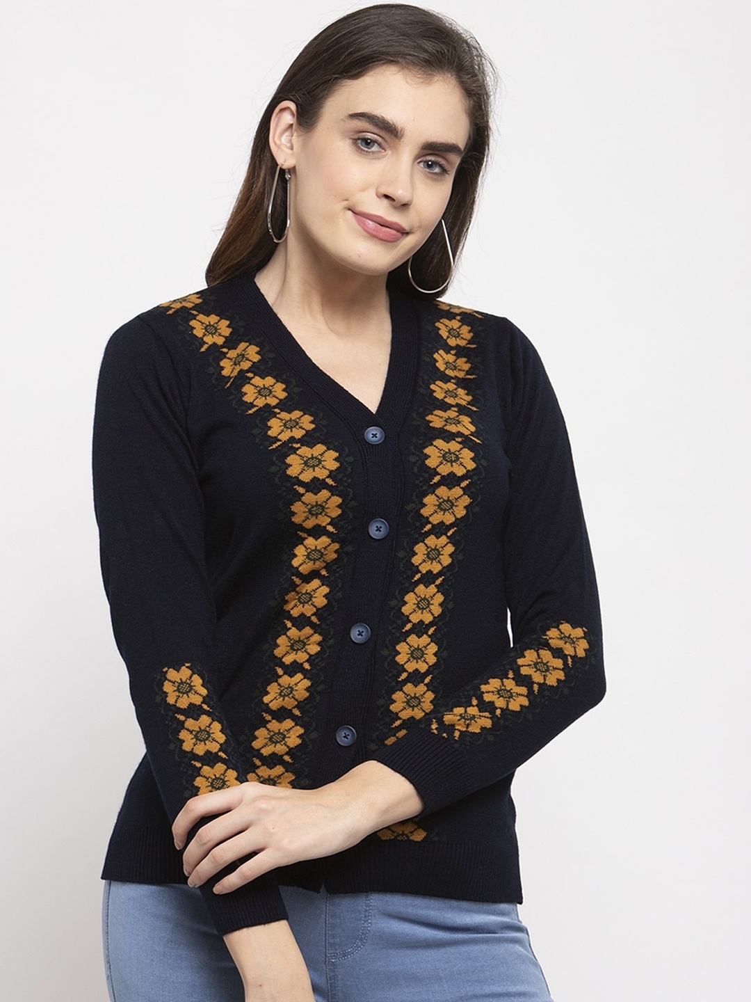 

Kalt Women Acrylic Navy Blue Floral Printed Cardigan