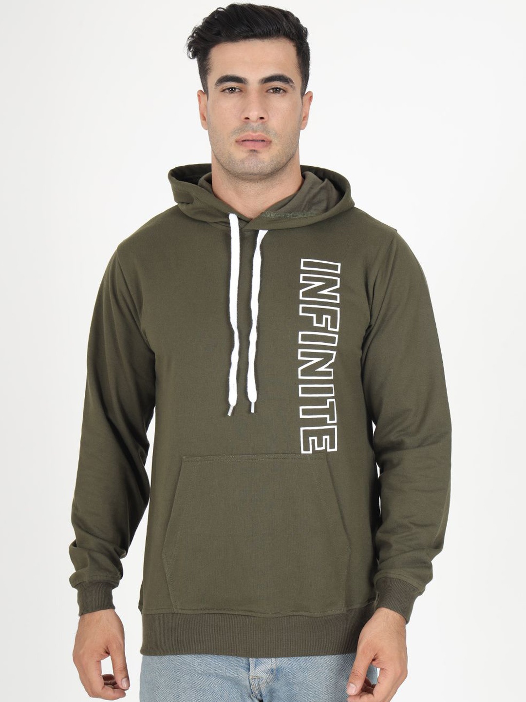 VEIRDO Men Olive Green Printed Hooded Sweatshirt