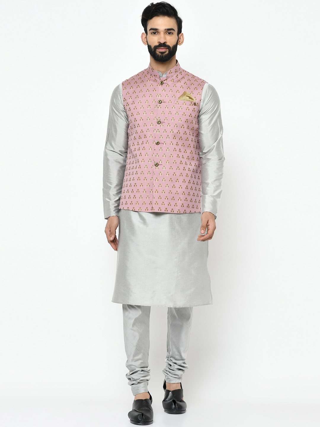 

Vartah Men Grey Solid Kurta with Churidar & Nehru Jacket