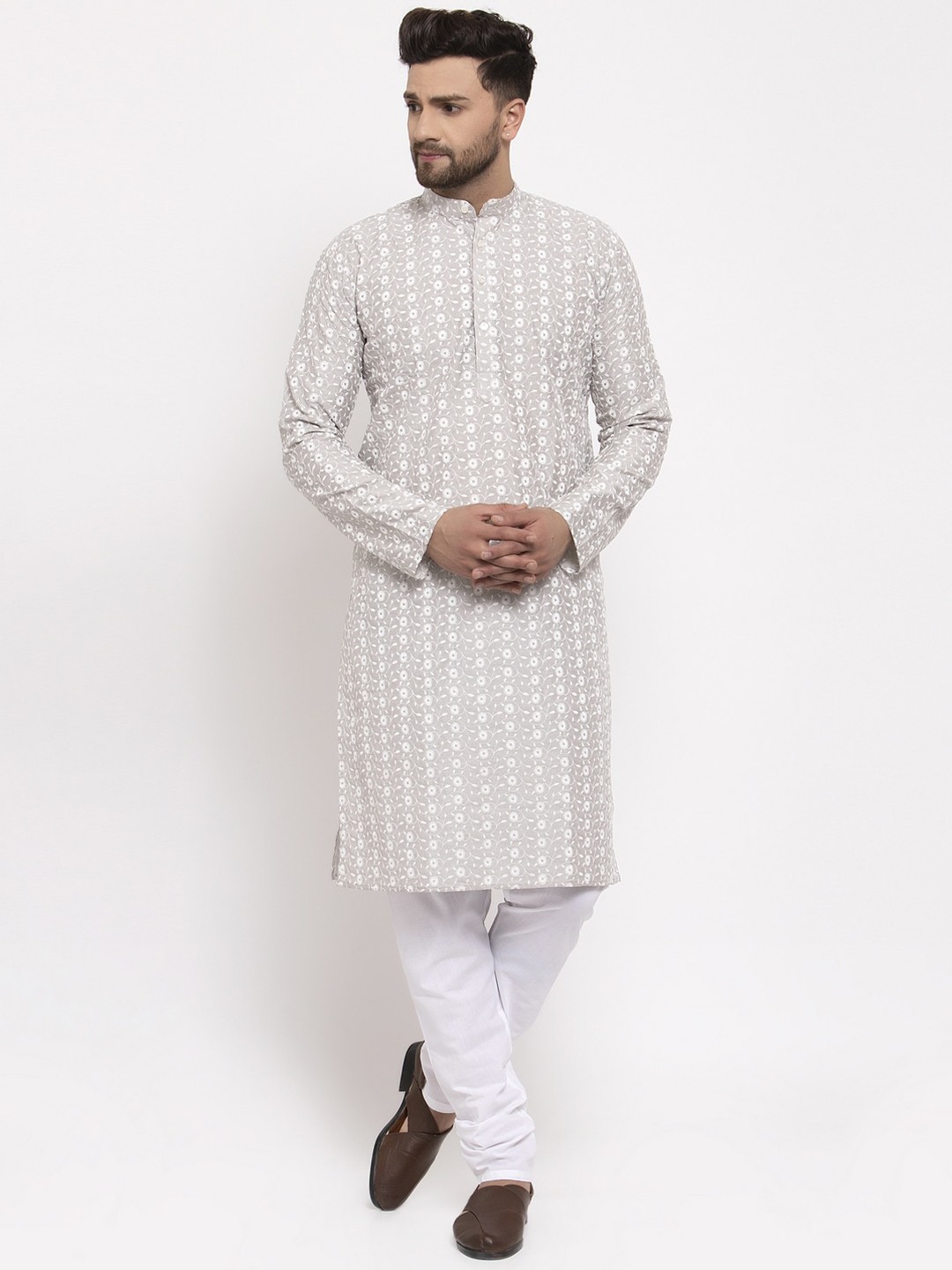 

Jompers Men Grey Embroidered Kurta with Pyjamas