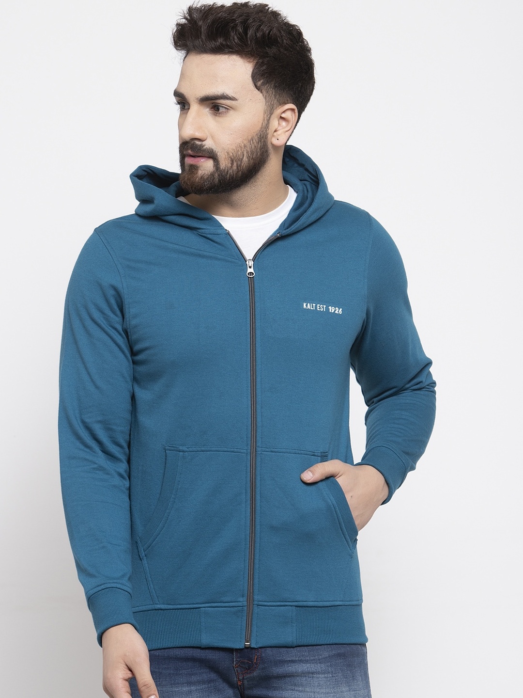 Kalt Men Teal Solid Hooded Sweatshirt