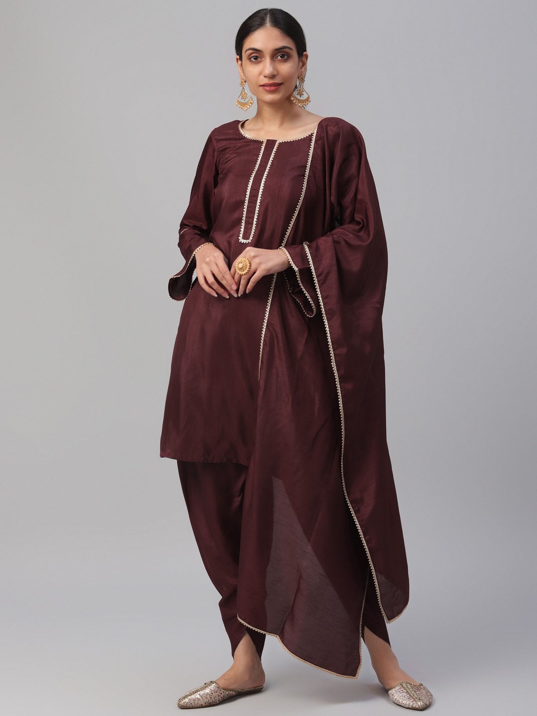 

Libas Women Maroon Solid Kurta with Dhoti Pants & Dupatta