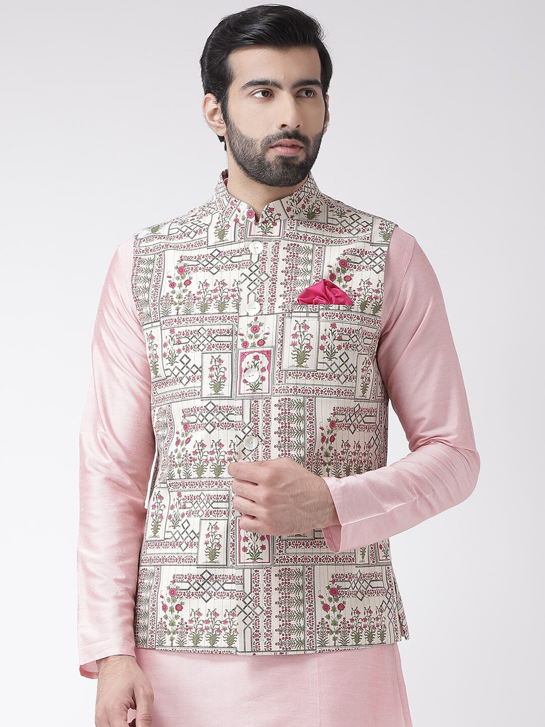 

Vartah Men Off-White & Pink Floral Printed Nehru Jacket