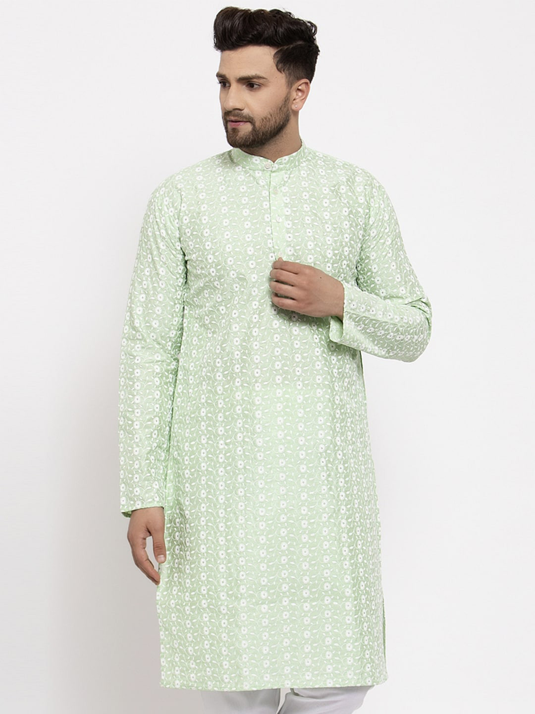 

Jompers Men Green Woven Design Straight Kurta