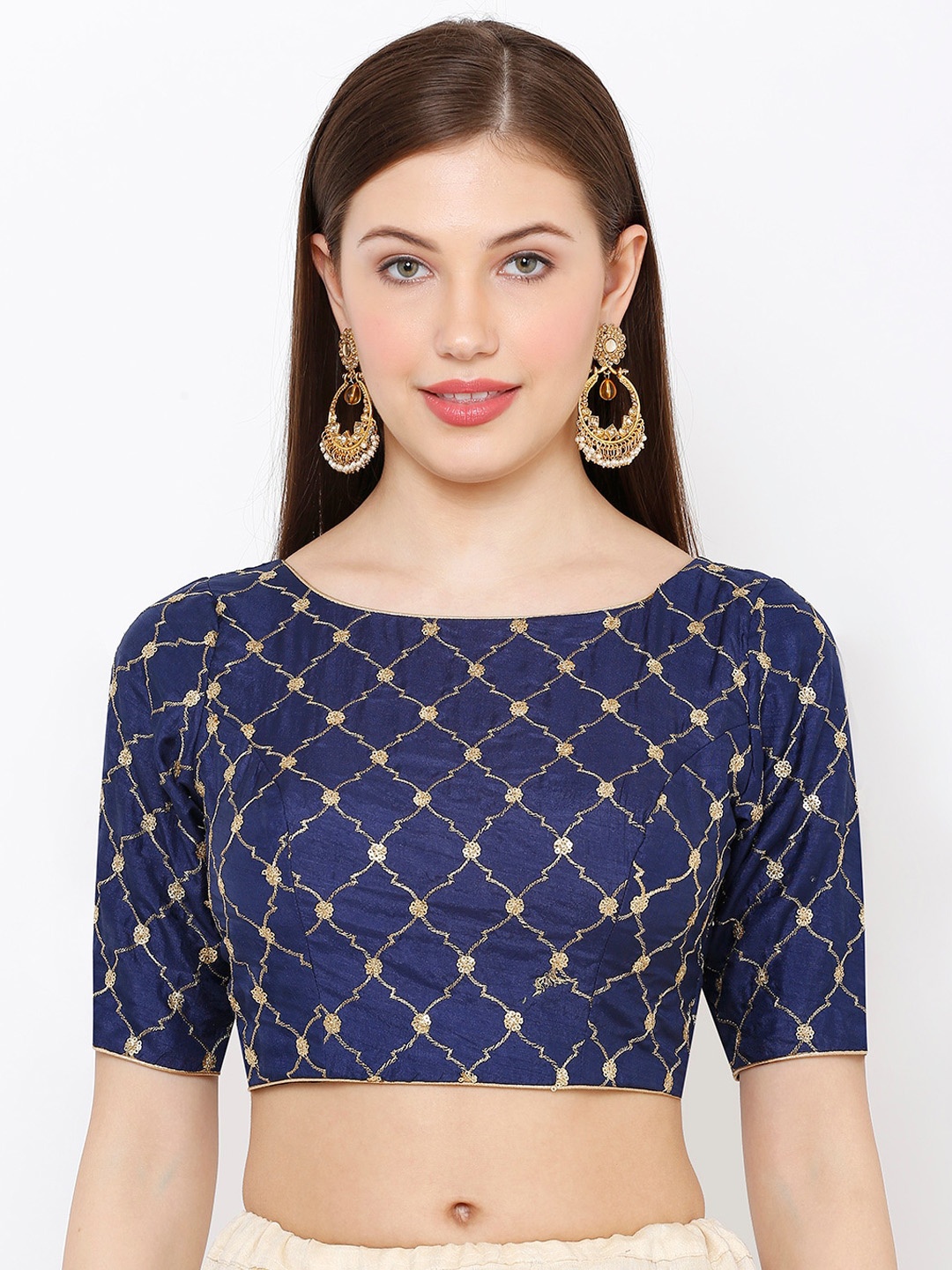 

SALWAR STUDIO Women Navy Blue Silk Embroidered Readymade Saree Blouse