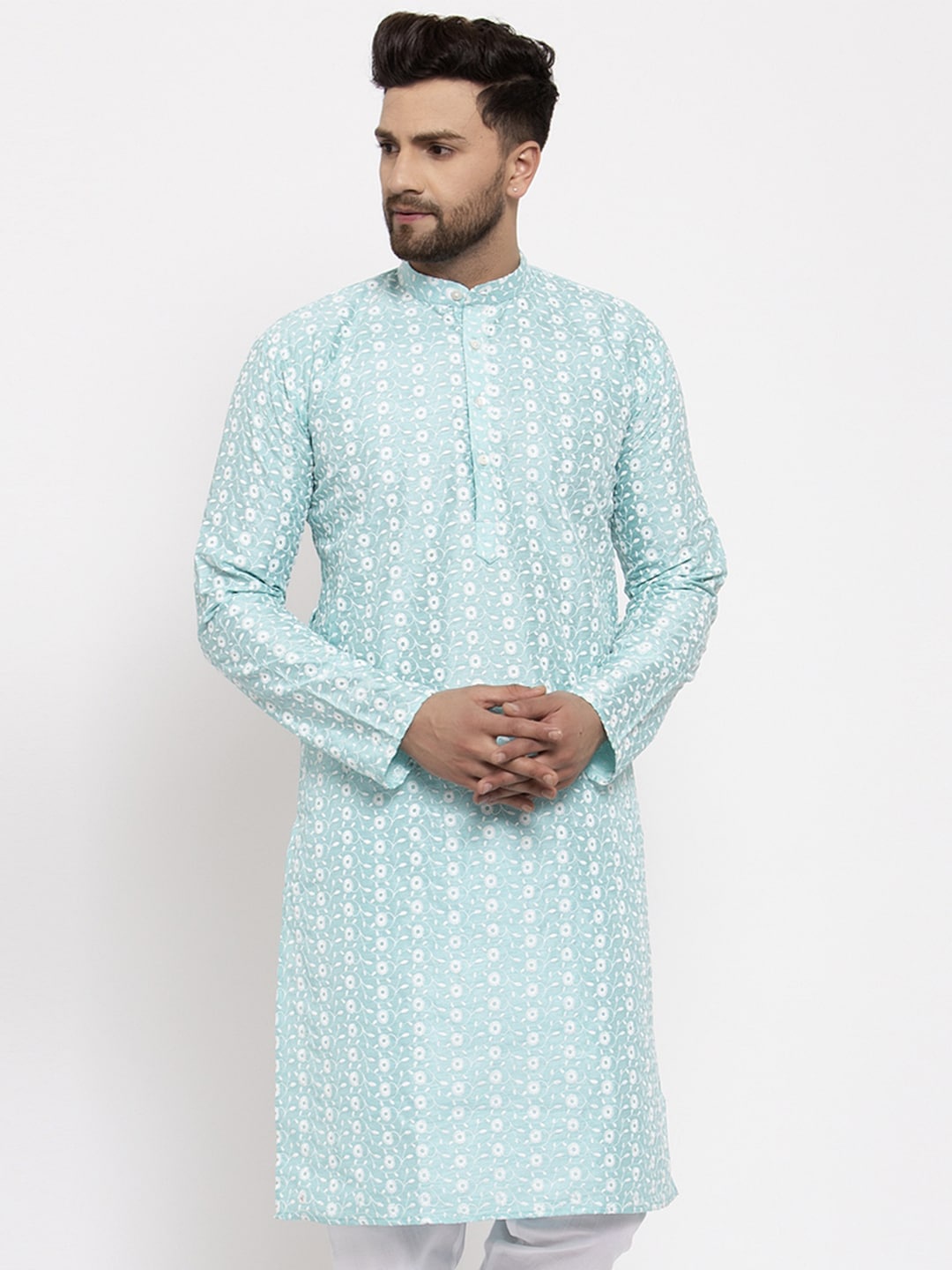 

Jompers Men Turquoise Blue Embroidered Chikankari Straight Cotton Kurta