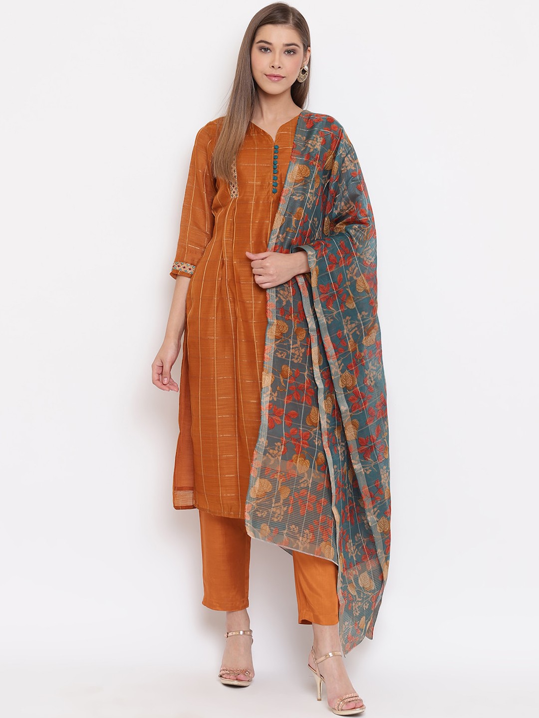 

Janasya Women Rust Brown Striped Kurta with Trousers & Dupatta