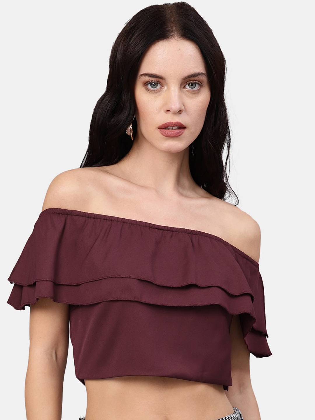 

DIVA WALK EXCLUSIVE Women Brown Solid Bardot Frill Crop Top