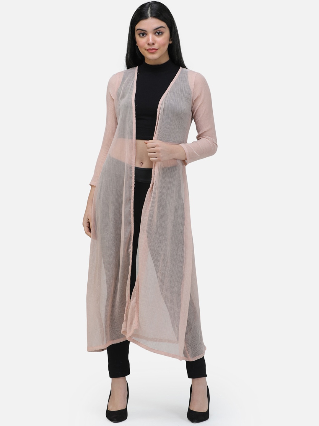 

SCORPIUS Women Beige Solid Sheer Open-Front Longline Shrug