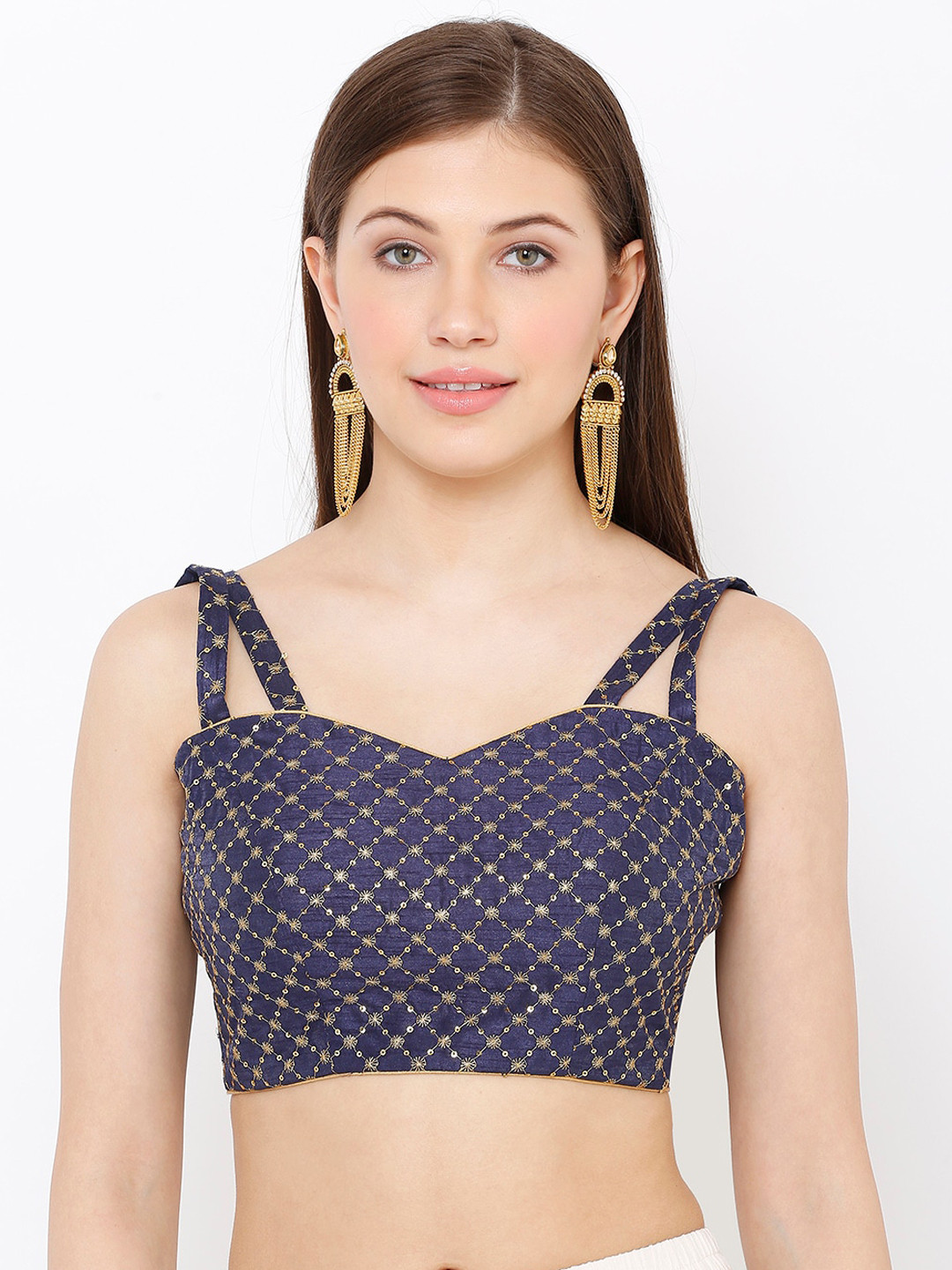 

SALWAR STUDIO Women Navy Blue & Gold-Coloured Readymade Embroidered Padded Saree Blouse