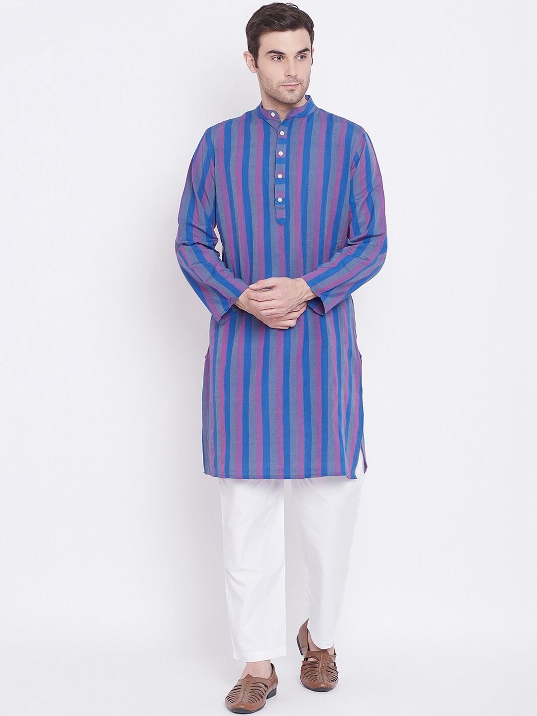 

Tulsattva Men Blue & Pink Striped Handloom Kurta with Pyjamas