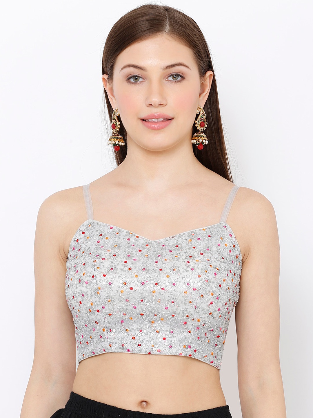 

SALWAR STUDIO Women Silver-Coloured Embroidered Padded Saree Blouse
