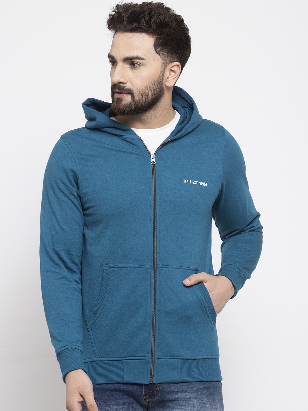 Kalt Men Teal Solid Hooded Sweatshirt