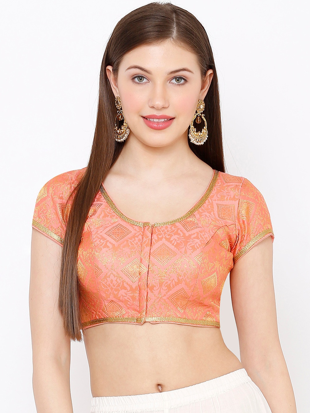 

SALWAR STUDIO Women Peach & Gold-Toned Woven Design Readymade Saree Blouse