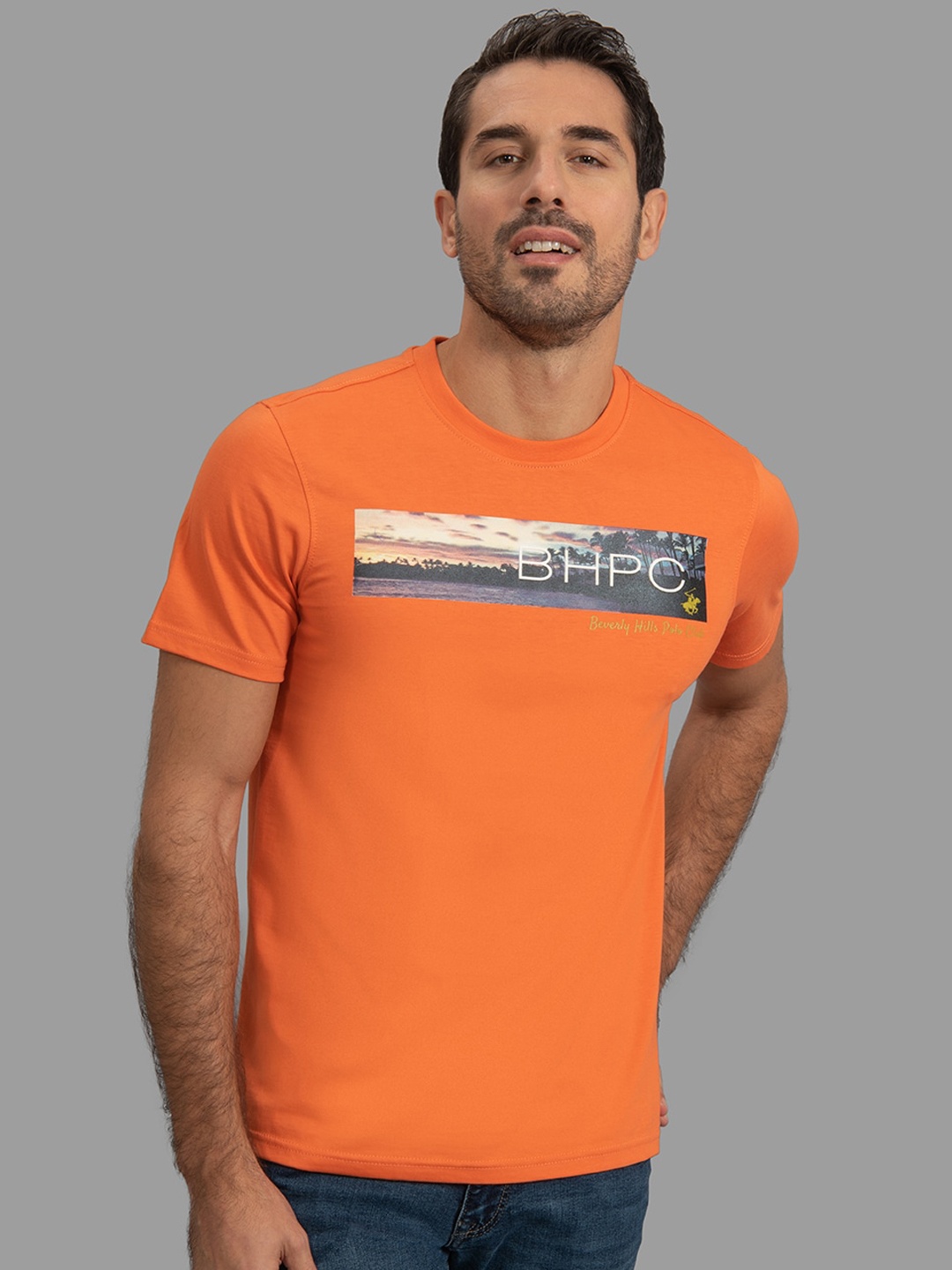 Beverly Hills Polo Club Men Orange Printed Round Neck T-shirt