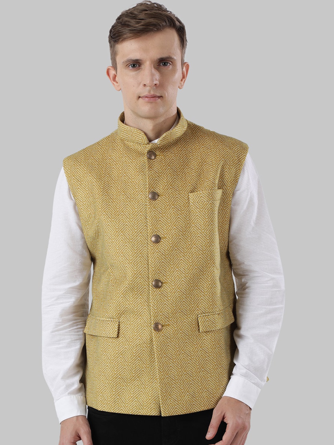 Ethnix by Raymond Men Yellow Woven Design Pure Cotton Nehru Jacket