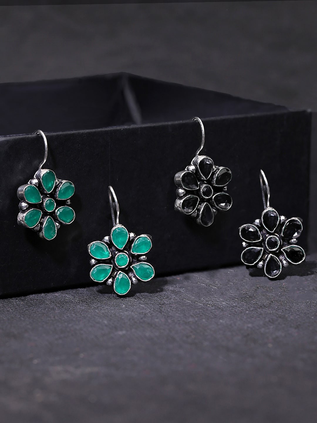Yellow Chimes Woman Set of 2 Silver Oxidised Floral Stones Drop Earrings, Black