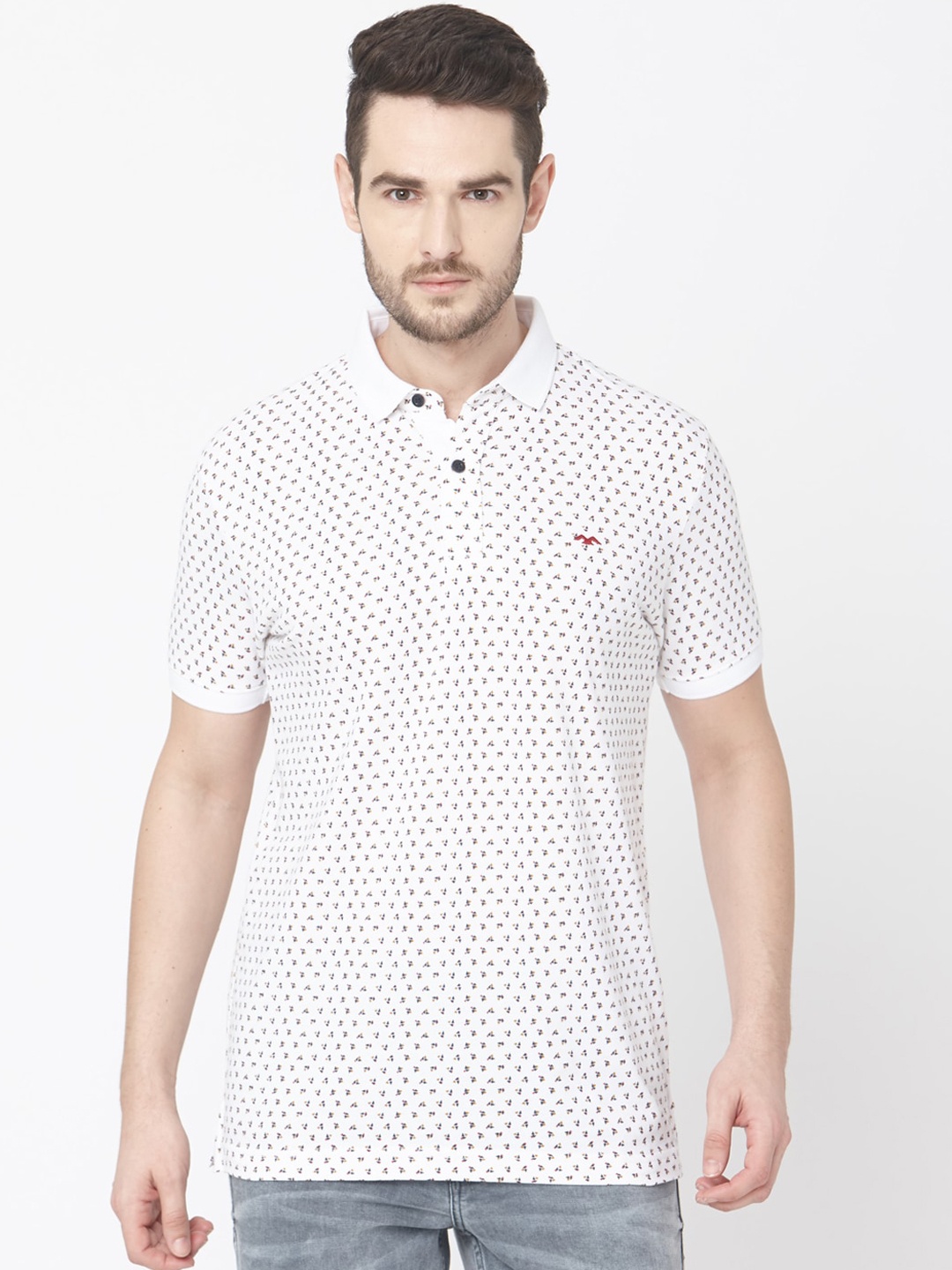 

Mufti Men White Red Printed Polo Collar Slim Fit Pure Cotton T-shirt