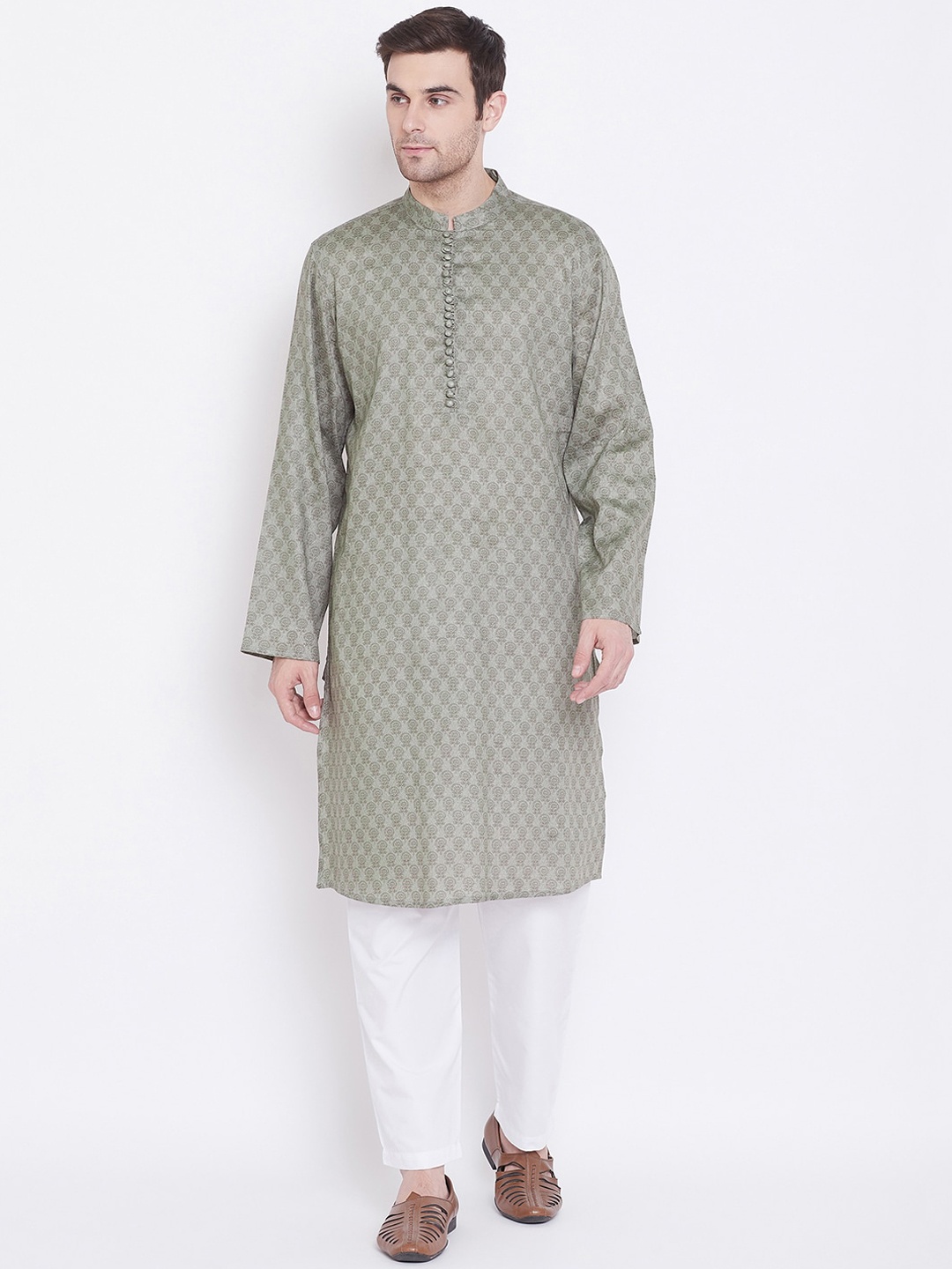 

Tulsattva Men Grey & White Printed Kurta with Pyjamas