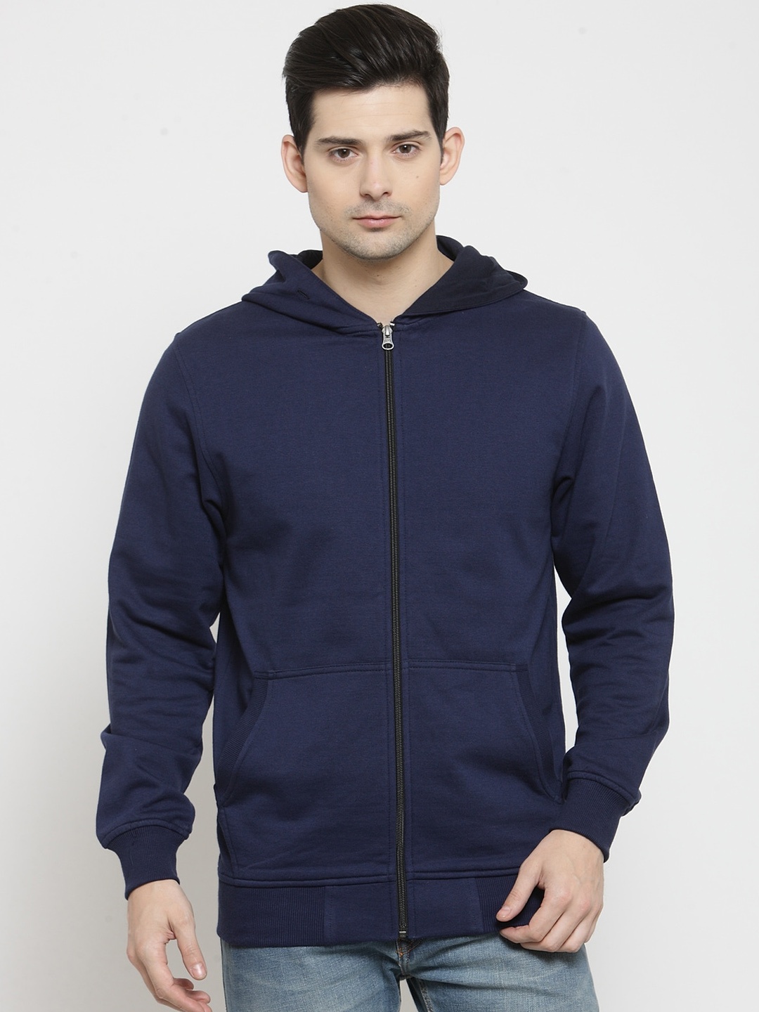 Kalt Men Navy Blue Solid Hooded Sweatshirt
