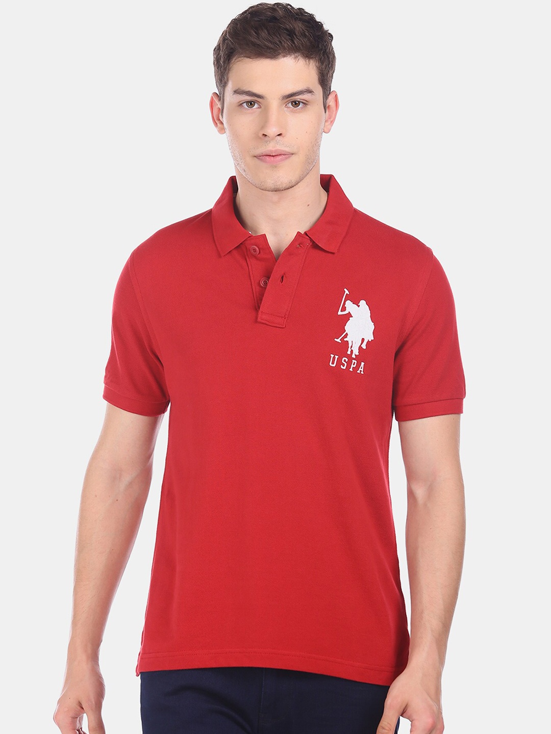 

U.S. Polo Assn. Men Red Self Design Polo Collar T-shirt