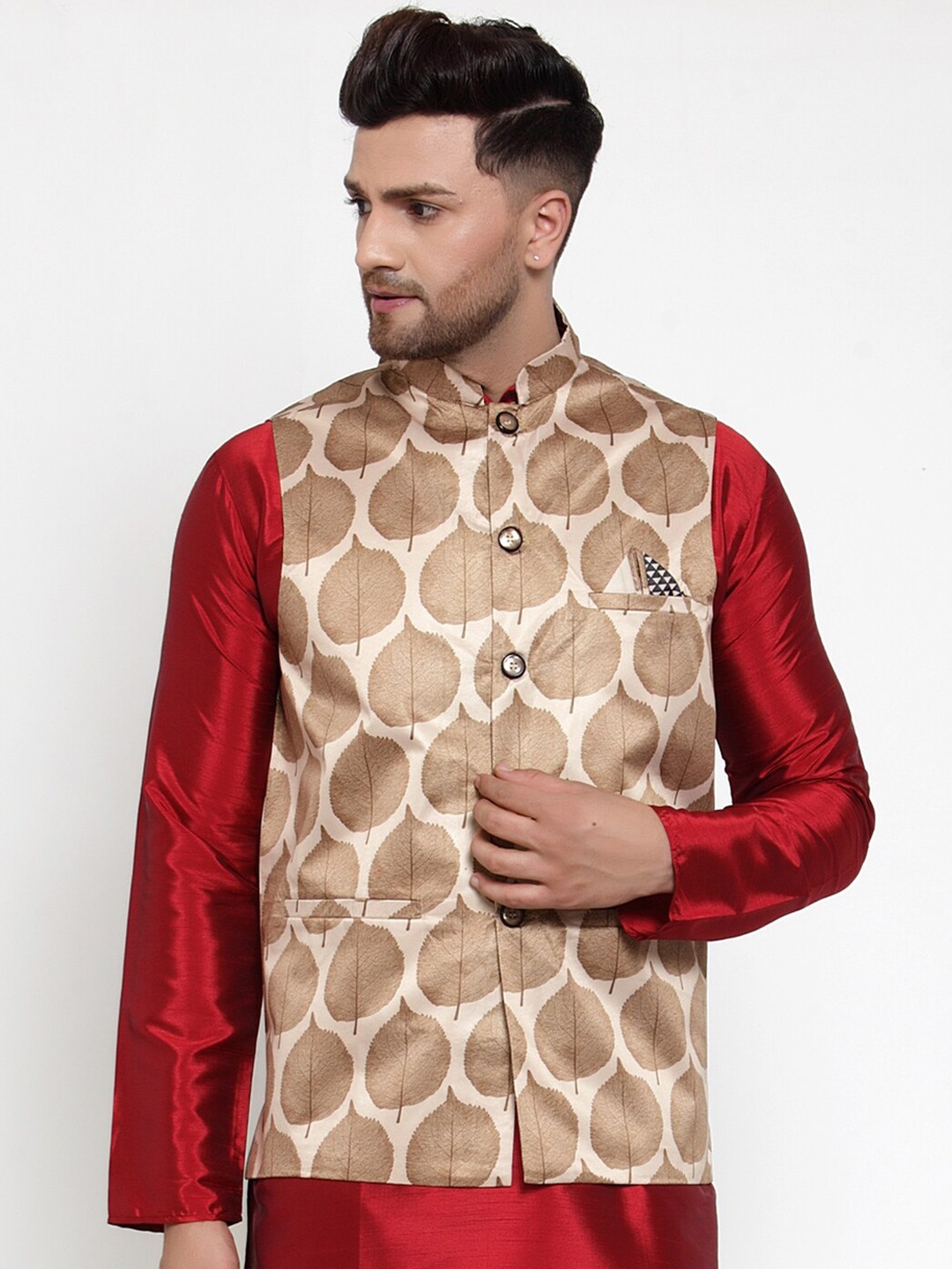 

Jompers Men Beige & Brown Printed Regular Fit Nehru Jacket