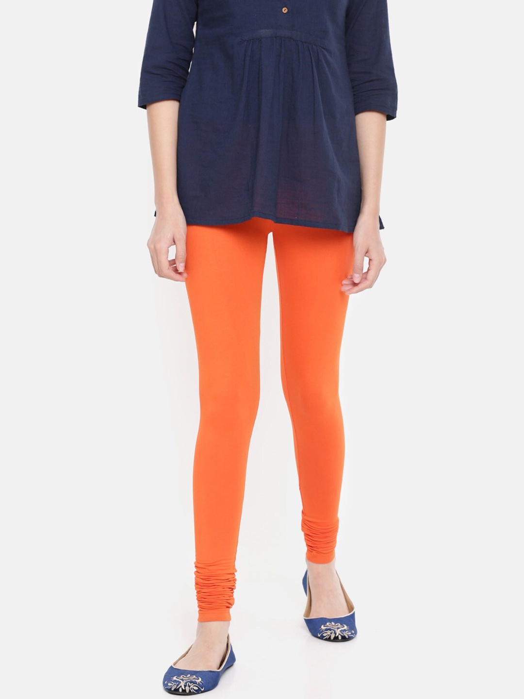 De Moza Women Orange Solid Churidar-Length Leggings