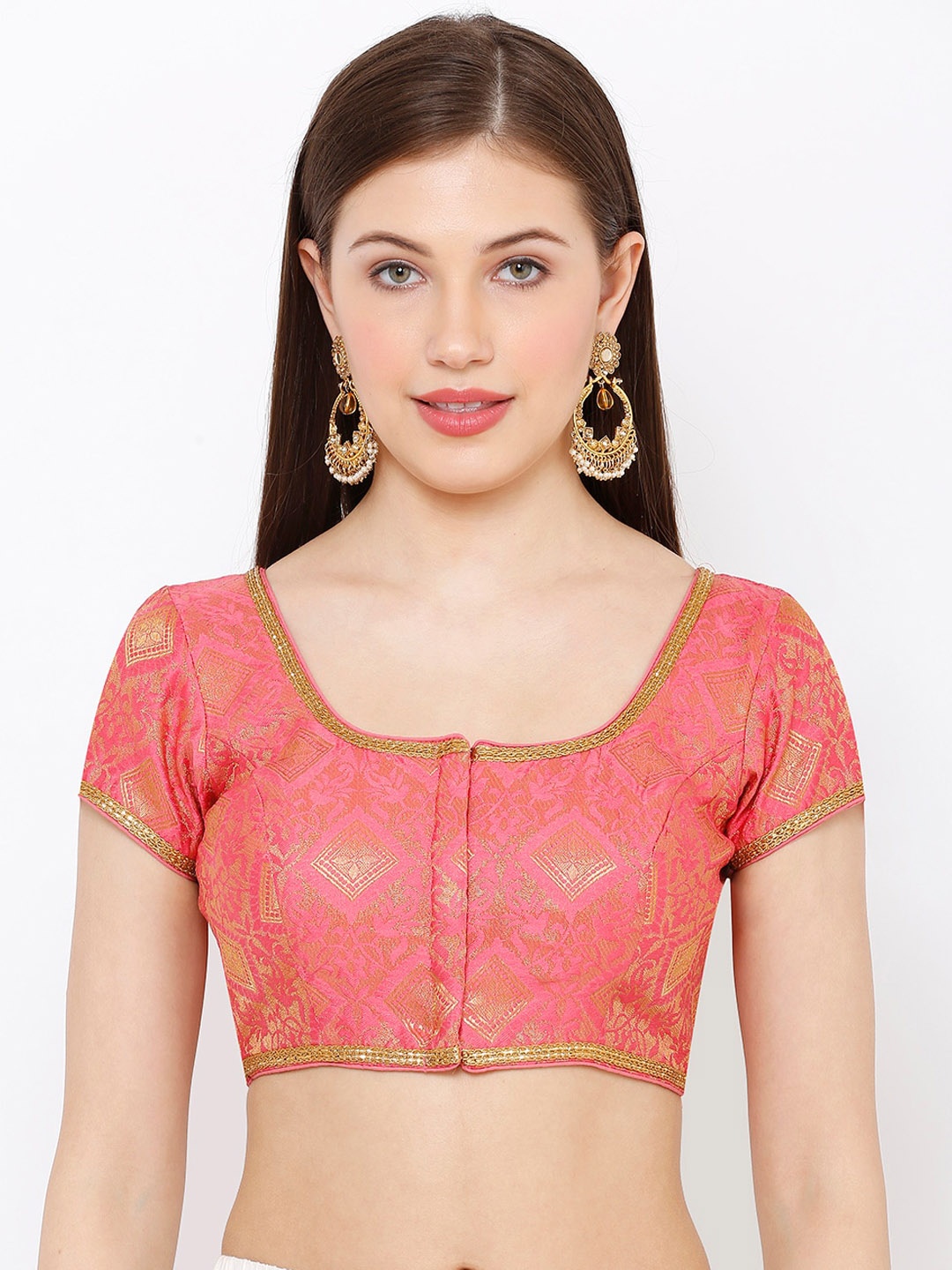 

SALWAR STUDIO Women Pink & Gold-Toned Woven Design Readymade Saree Blouse