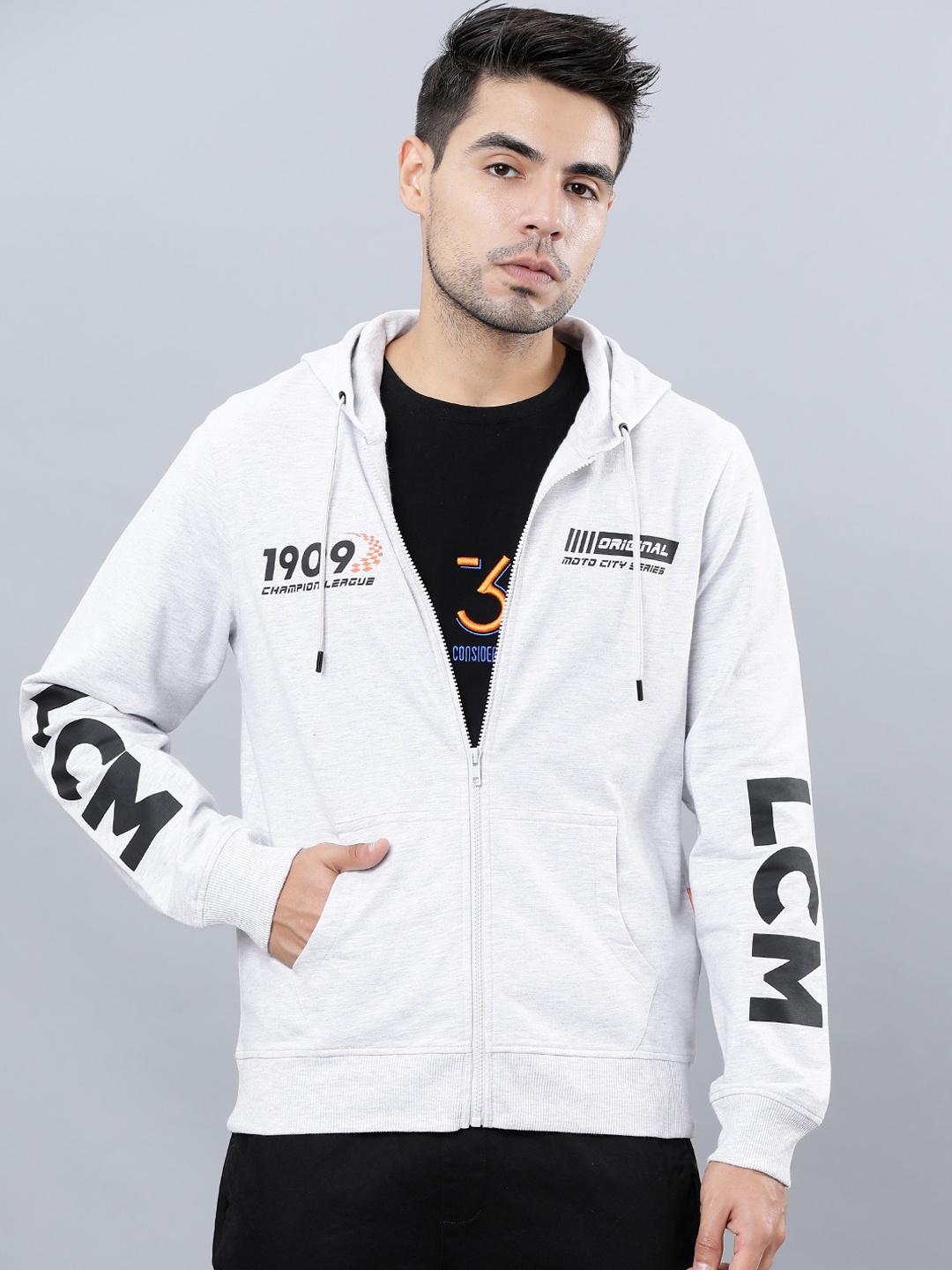 

LOCOMOTIVE Men Grey & Black Printed Hooded Sweatshirt