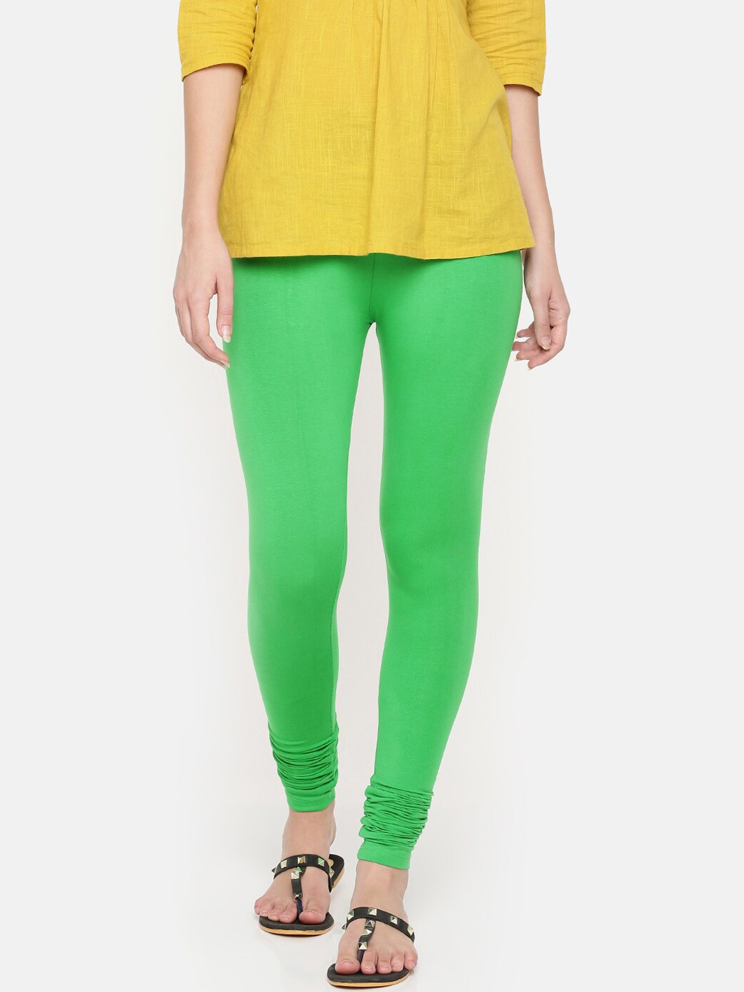 De Moza Women Green Solid Churidar-Length Leggings
